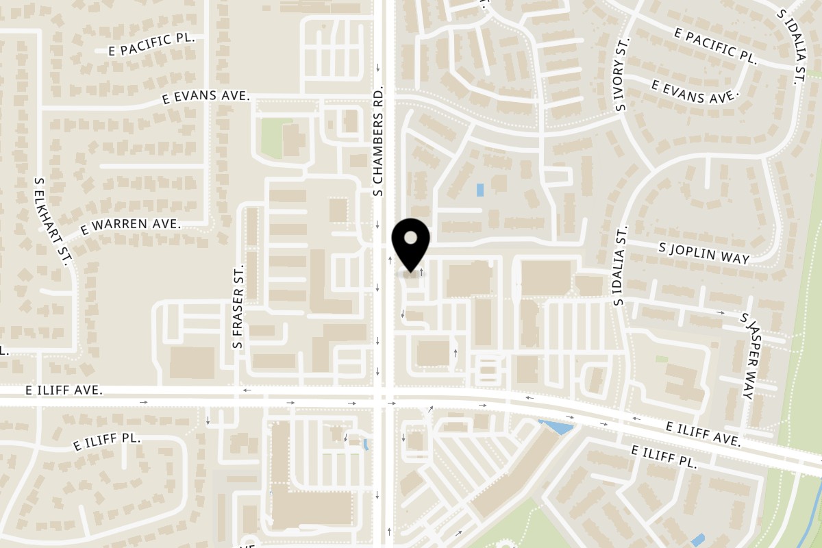Map showing the location of Taco Mex on 2210 S Chambers Rd in Aurora